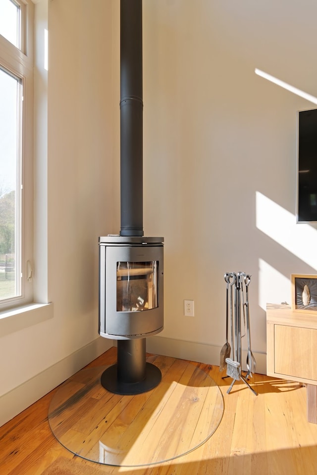 room details with hardwood / wood-style floors and a wood stove