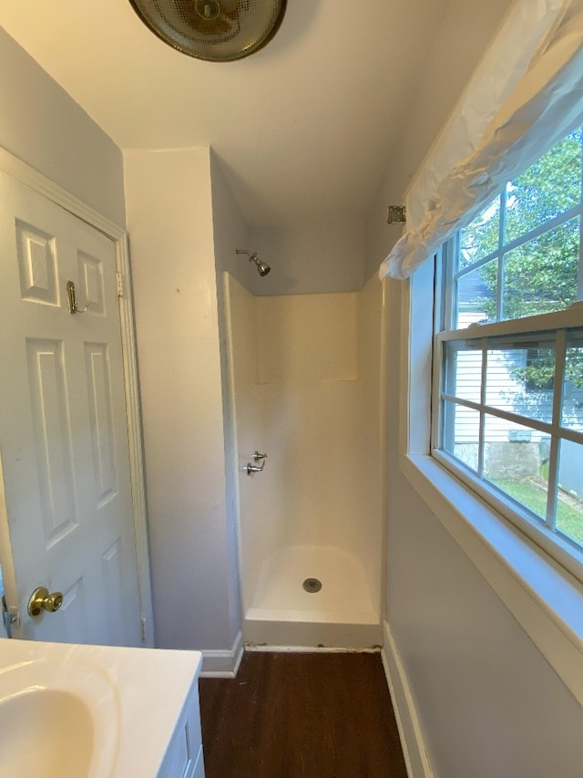 bathroom featuring vanity, walk in shower, and hardwood / wood-style floors