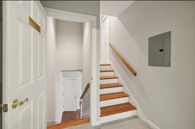 stairs featuring hardwood / wood-style flooring and electric panel