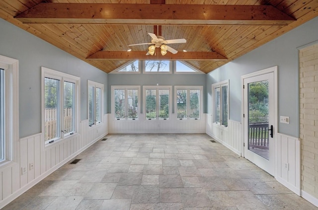 unfurnished sunroom featuring beam ceiling, ceiling fan, and wooden ceiling