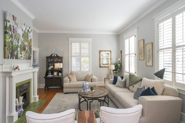 living room with dark hardwood / wood-style floors and ornamental molding