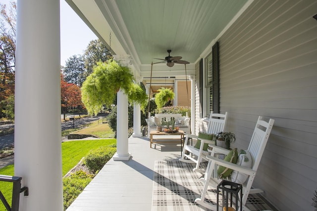 view of patio / terrace featuring ceiling fan and covered porch