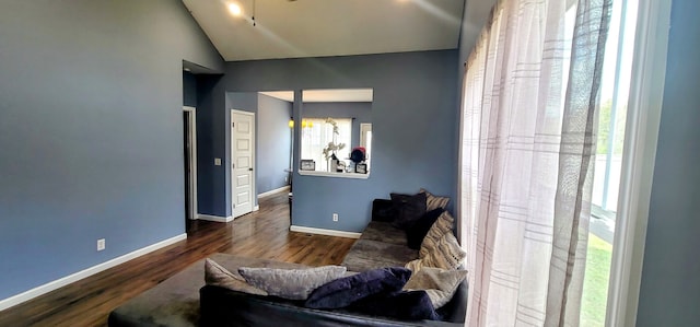 living area with dark hardwood / wood-style flooring and lofted ceiling