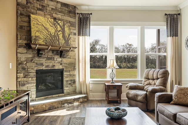 living room featuring a fireplace, hardwood / wood-style floors, a healthy amount of sunlight, and ornamental molding