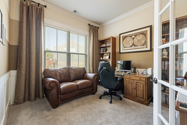 office space with ornamental molding, light carpet, and french doors