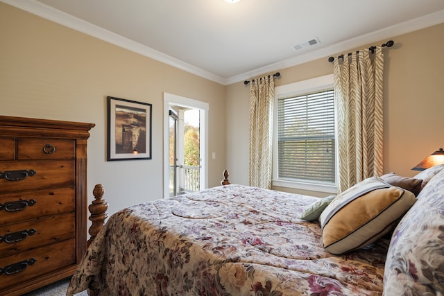 carpeted bedroom with access to outside, multiple windows, and ornamental molding