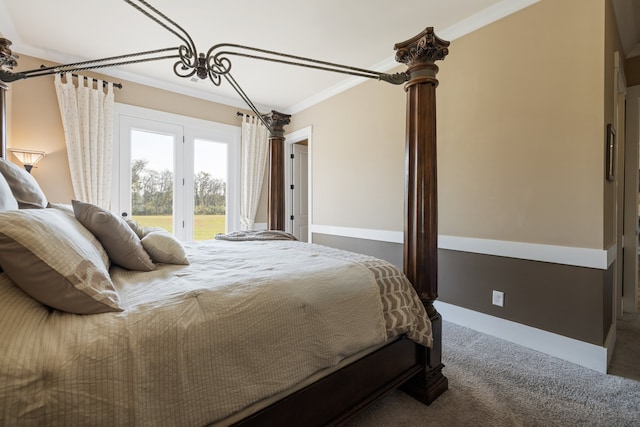 carpeted bedroom with crown molding