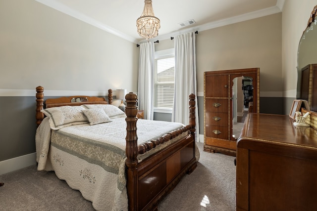 bedroom featuring a notable chandelier, carpet floors, and crown molding