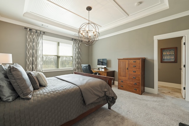 bedroom featuring a raised ceiling, crown molding, light colored carpet, and a chandelier