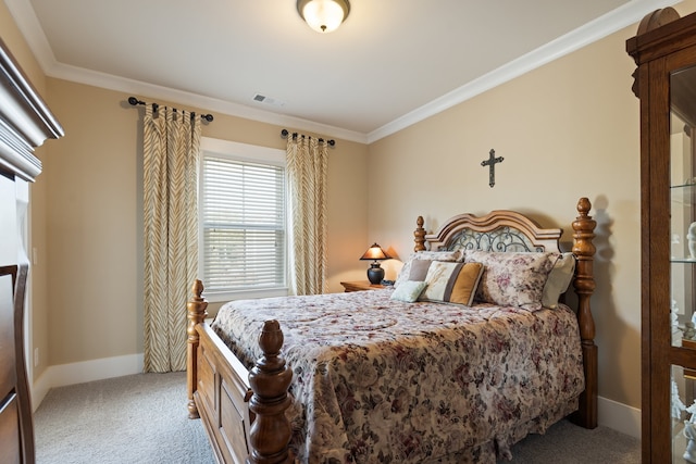 carpeted bedroom featuring ornamental molding