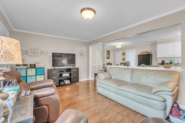 living room with crown molding and light hardwood / wood-style flooring