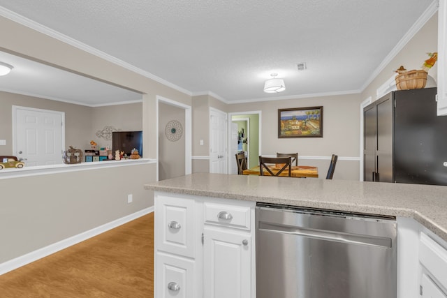 kitchen featuring light hardwood / wood-style flooring, crown molding, stainless steel dishwasher, white cabinetry, and a textured ceiling