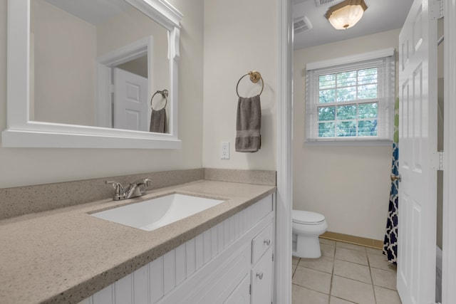 bathroom with vanity, toilet, and tile patterned flooring