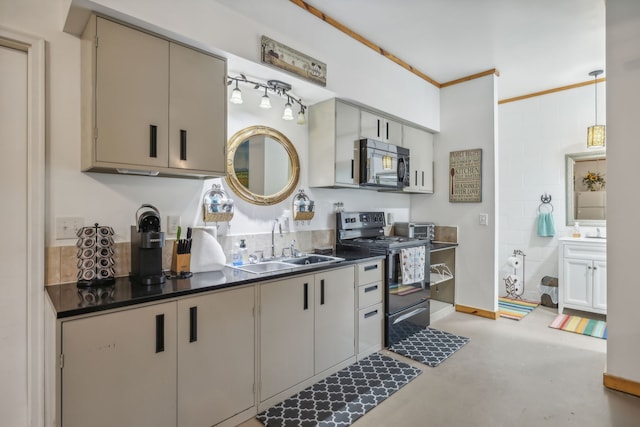 kitchen with ornamental molding, stainless steel range with electric cooktop, sink, and gray cabinetry