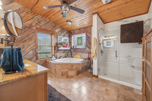 bathroom featuring wood ceiling, plenty of natural light, and plus walk in shower