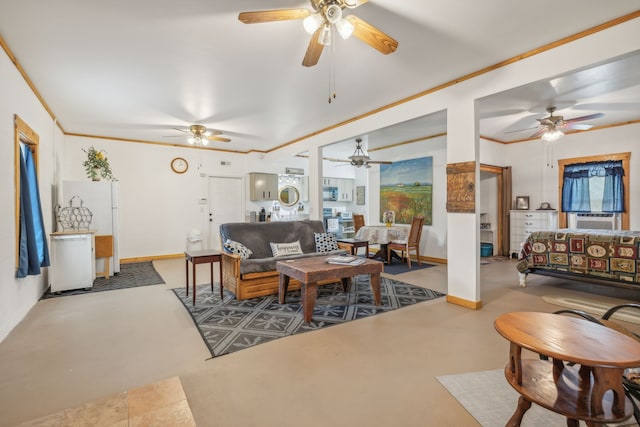 living room featuring ornamental molding and cooling unit