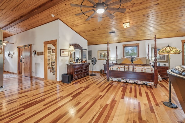 bedroom with vaulted ceiling, light hardwood / wood-style floors, and wooden ceiling