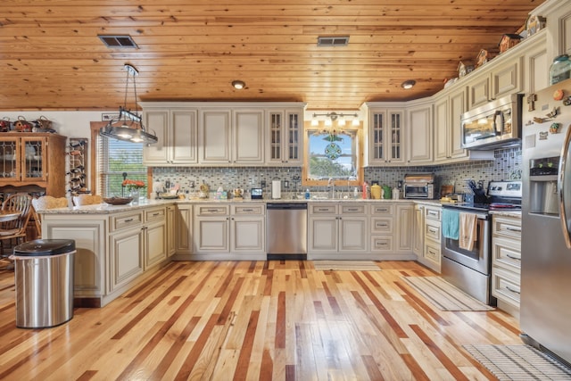 kitchen featuring appliances with stainless steel finishes, light stone countertops, wooden ceiling, light hardwood / wood-style flooring, and decorative light fixtures