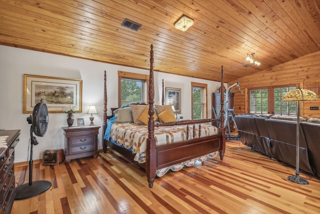 bedroom featuring wood ceiling, vaulted ceiling, multiple windows, and light wood-type flooring