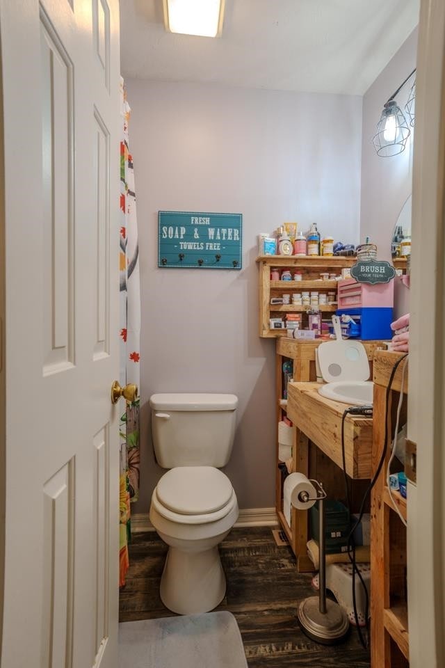 bathroom featuring vanity, hardwood / wood-style floors, and toilet