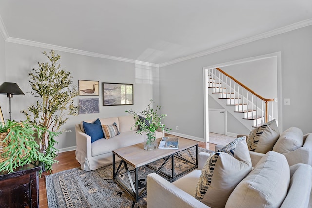 living room with ornamental molding and wood-type flooring