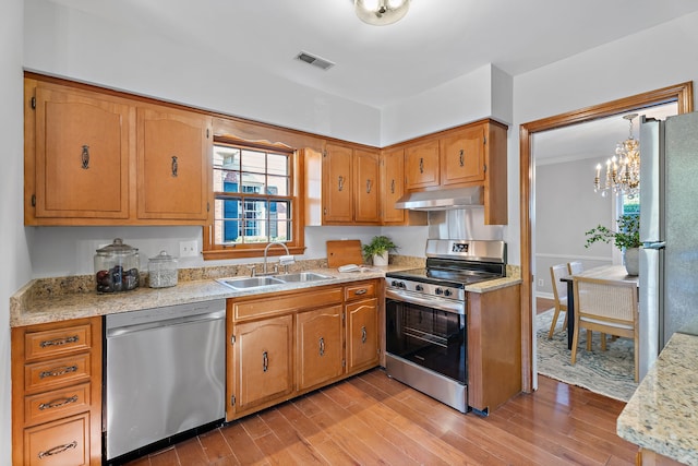 kitchen featuring stainless steel appliances, sink, hanging light fixtures, and light hardwood / wood-style flooring