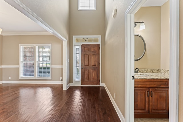 entrance foyer featuring ornamental molding, sink, and dark wood-type flooring