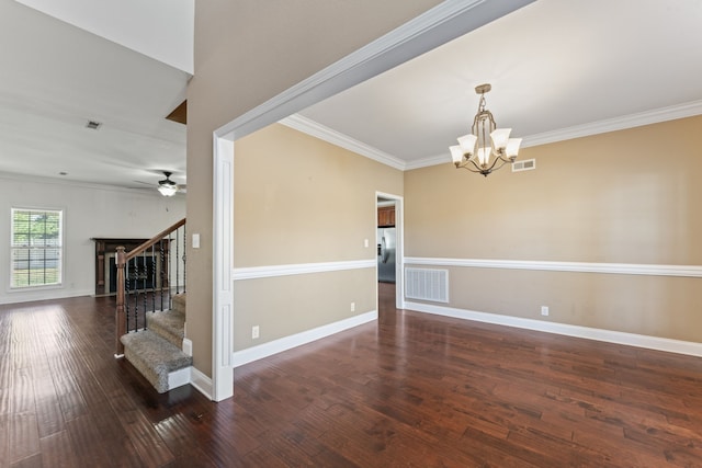 unfurnished room featuring dark wood-type flooring, ornamental molding, and ceiling fan with notable chandelier