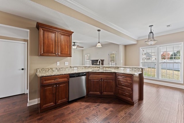 kitchen featuring sink, dishwasher, kitchen peninsula, dark wood-type flooring, and ornamental molding