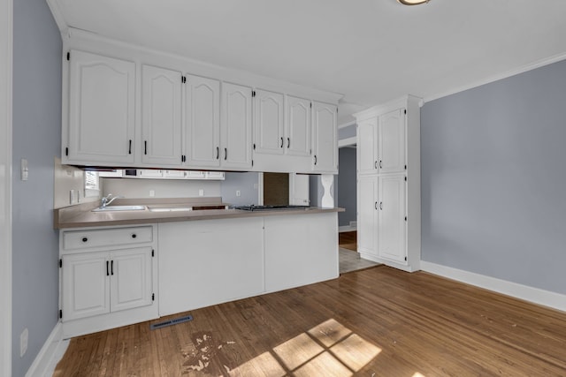 kitchen with sink, crown molding, white cabinets, and hardwood / wood-style flooring