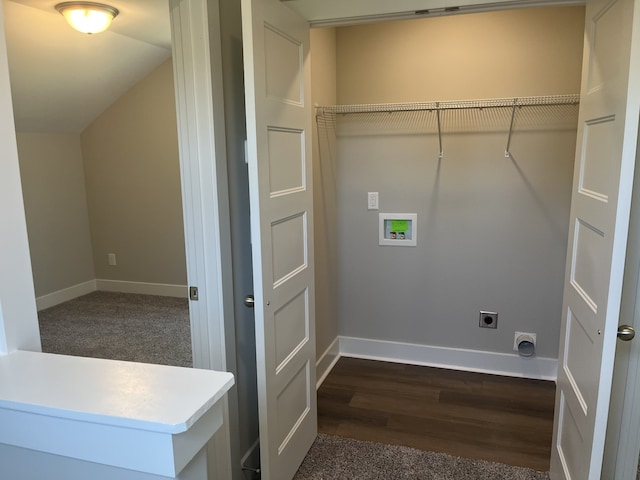 laundry room featuring hookup for an electric dryer, dark wood-type flooring, and washer hookup