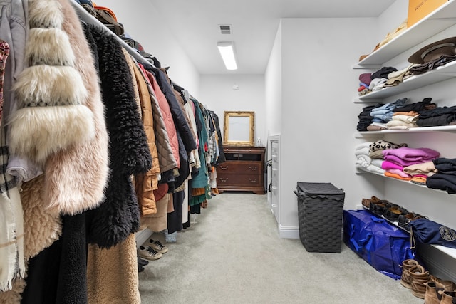 walk in closet with light colored carpet