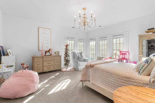 bedroom featuring a chandelier, multiple windows, and carpet flooring