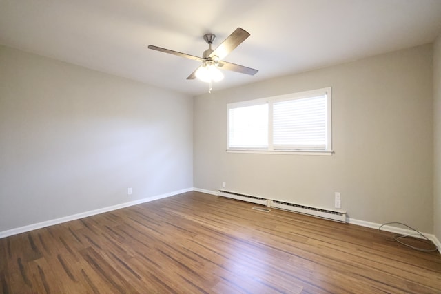 unfurnished room with wood-type flooring, a baseboard radiator, and ceiling fan