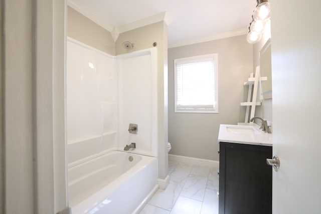 full bathroom with vanity, ornamental molding, toilet, and shower / bathtub combination