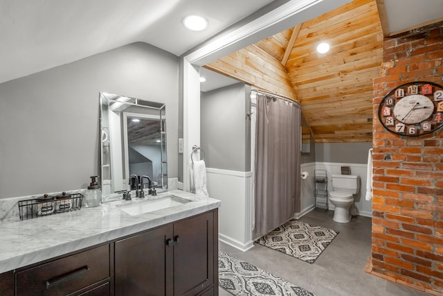 bathroom featuring concrete flooring, toilet, wooden ceiling, lofted ceiling, and vanity