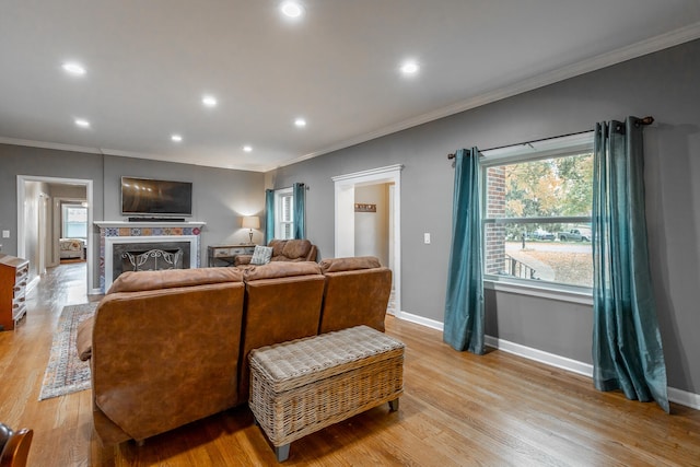 living room with ornamental molding and light wood-type flooring