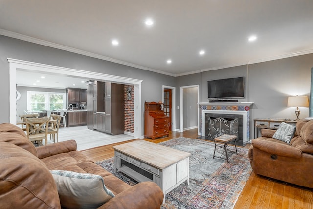 living room with crown molding, light hardwood / wood-style flooring, and a fireplace