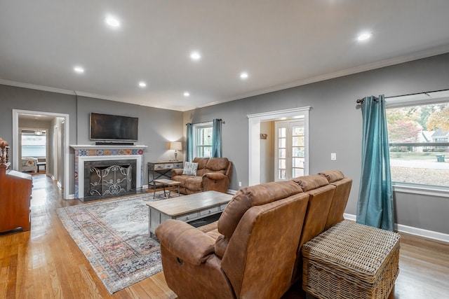 living room with ornamental molding, french doors, light hardwood / wood-style floors, and plenty of natural light