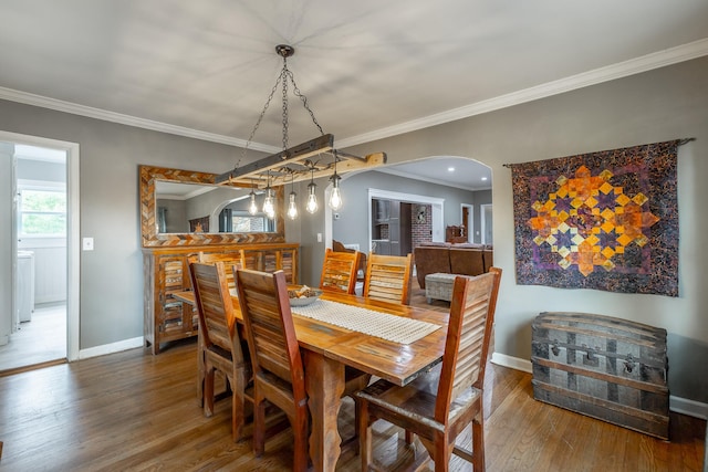 dining room with ornamental molding and hardwood / wood-style floors