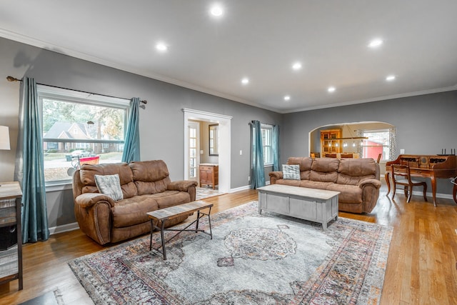 living room with ornamental molding and light hardwood / wood-style flooring