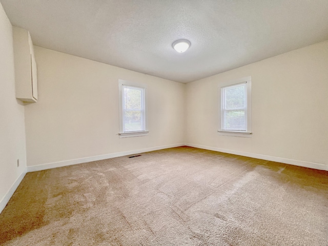 unfurnished room with a wealth of natural light, a textured ceiling, and carpet flooring