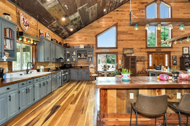 kitchen with high vaulted ceiling, a healthy amount of sunlight, sink, and wood walls