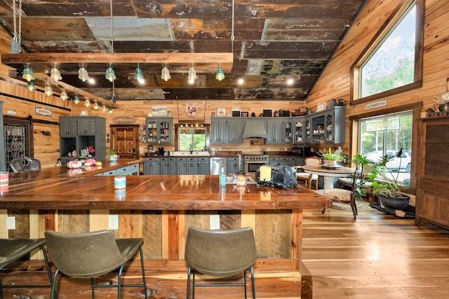 bar featuring custom range hood, wood walls, light hardwood / wood-style flooring, and stainless steel appliances