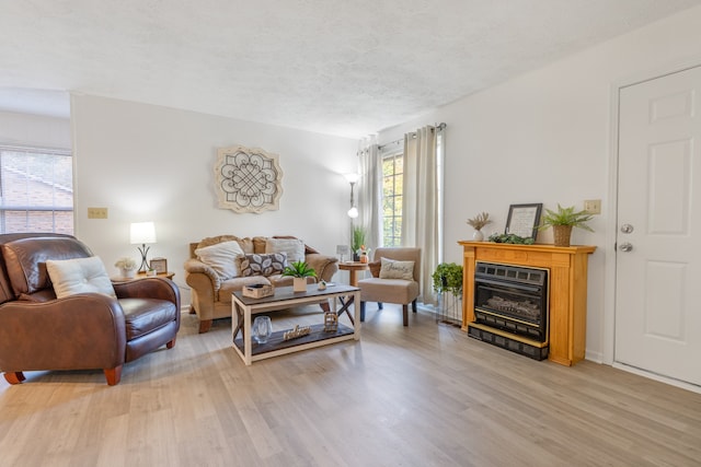 living room featuring a textured ceiling, light wood-type flooring, and a healthy amount of sunlight