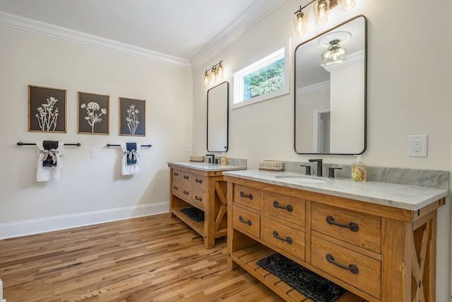 bathroom with vanity, ornamental molding, and wood-type flooring