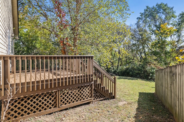 wooden terrace featuring a yard