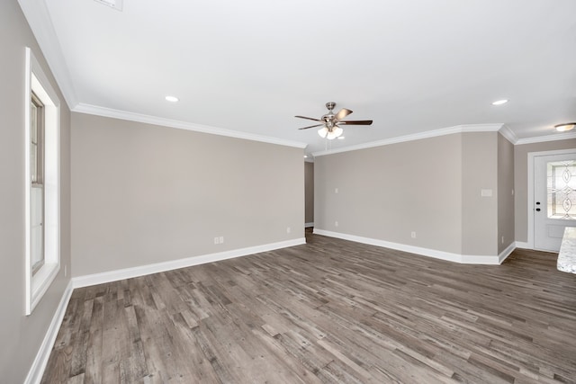 unfurnished living room with ceiling fan, crown molding, and hardwood / wood-style floors