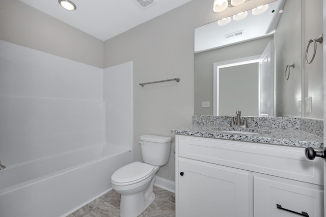 full bathroom with vanity, bathing tub / shower combination, and toilet