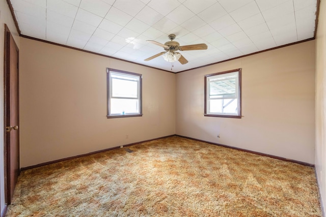 carpeted spare room with crown molding and ceiling fan